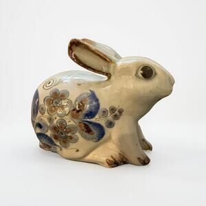 Vintage Tonala Mexican Pottery Rabbit Folk Art Blue Floral Figurine 7”